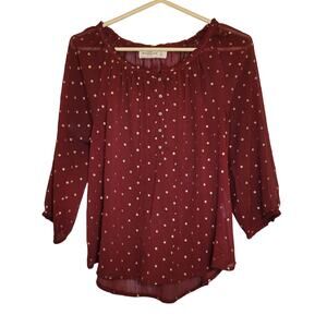Abercrombie and Fitch maroon red gold polka dots sheer long sleeved top Size S